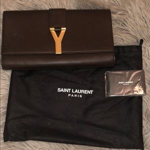 SAINT LAURENT Calfskin Y Ligne Clutch in Brown